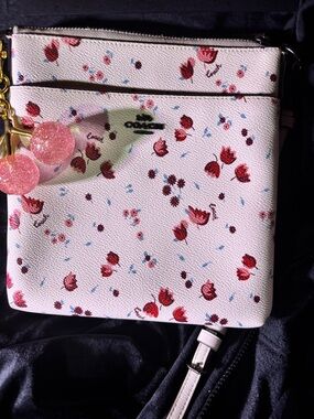 Coach Light Pink Floral Crossbody Bag with Red Blossom Print